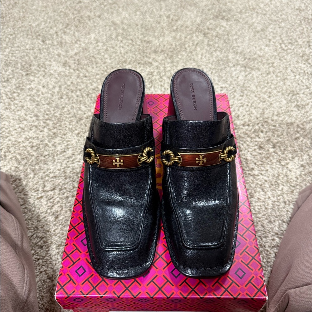 Tory Burch Black Mules with Gold and Brown Details